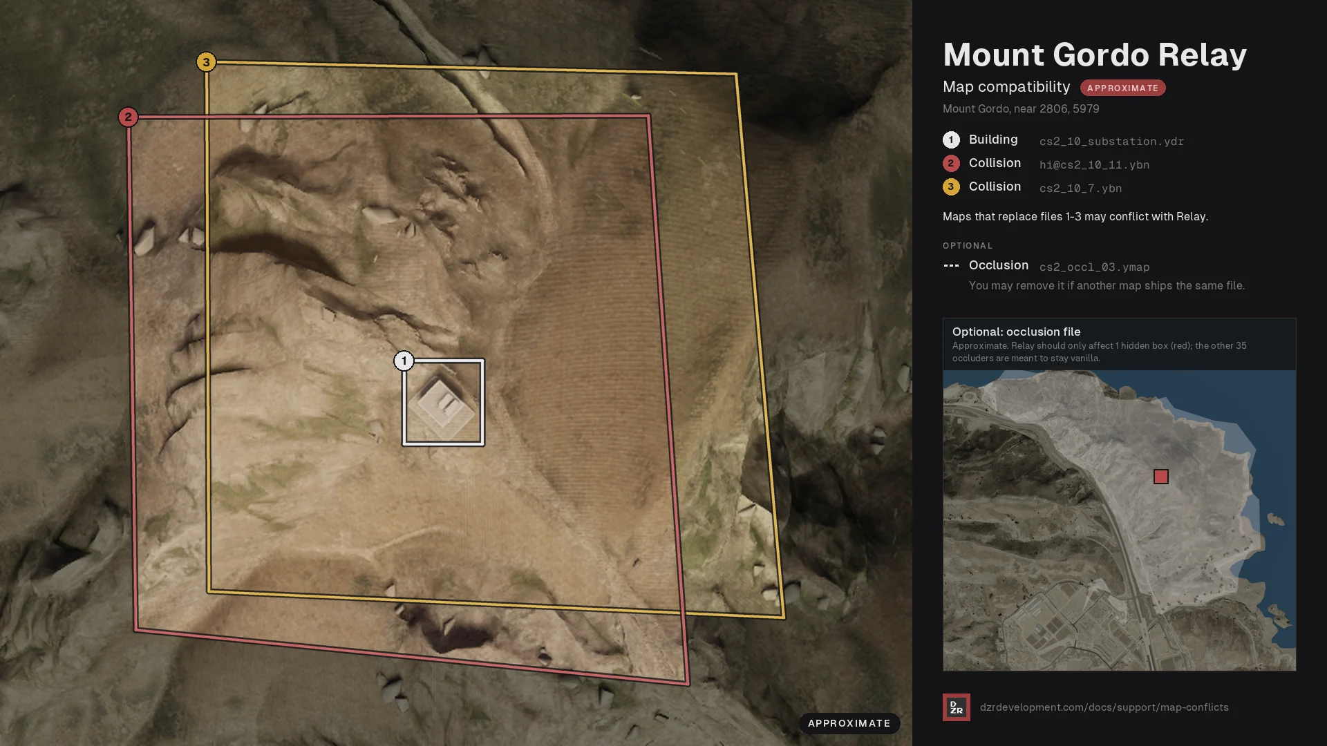 Mount Gordo Relay map compatibility: the three replaced files and the optional occlusion file, on the map